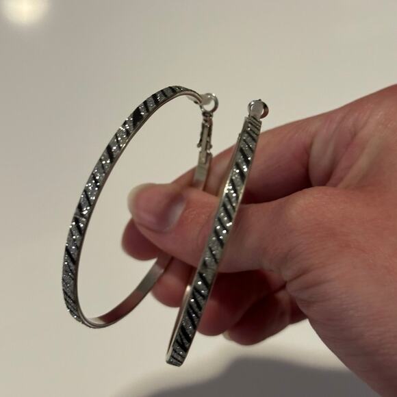 Sparkly Black & Silver Hoop Earrings - Picture 1 of 7
